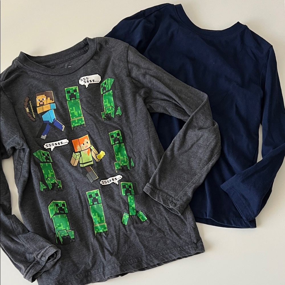 2 x Cat & Jack navy Blue & Mojang Minecraft Gray Long Sleeve Shirt XS